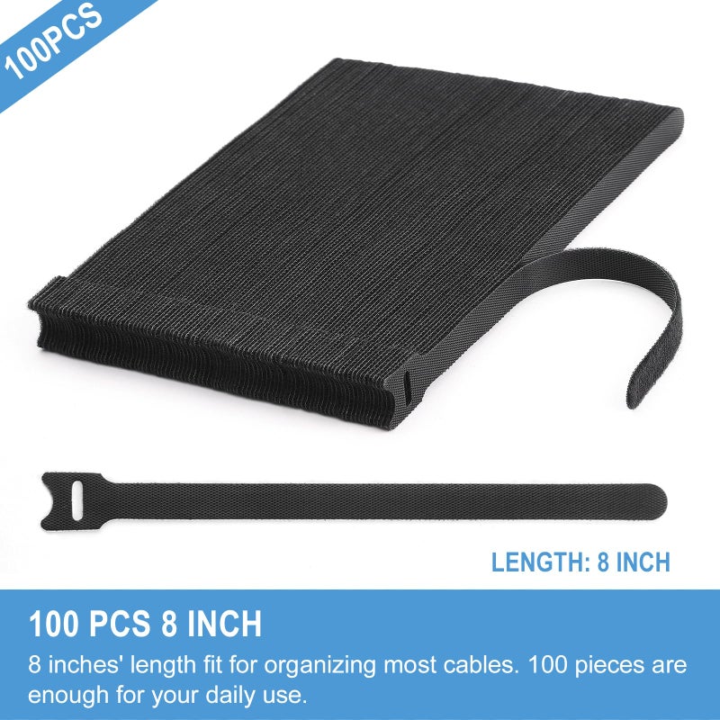 QTBLY 100 Pcs 8 Inches Reusable Cable Ties | Adjustable Cord Wraps, Cable Straps | Hook & Loop Cord Organizer, Cable Management - Image 2